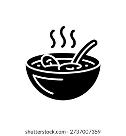 A simple black icon depicting a steaming bowl of noodles, suggesting a warm meal.
