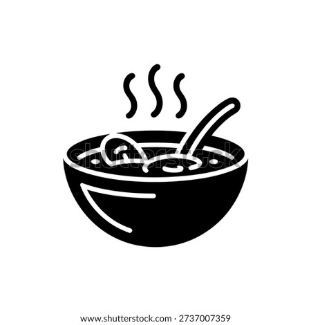 A simple black icon depicting a steaming bowl of noodles, suggesting a warm meal.