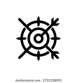 Un simple icono negro que representa un objetivo con flechas que golpean los anillos centrales.