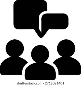 Ein einfaches schwarzes Symbol, das drei Menschen mit Sprechblasen über dem Kopf darstellt. Ideal zur Illustration von Kommunikations-, Teamwork-, Diskussions- und Gruppenkonzepten. Verwendung für Websites, Präsentationen, soziale Medien oder Werbung.