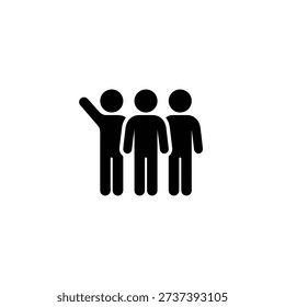 Simple black icon depicting three people with one raising a hand