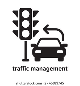 Simple black icon depicting a traffic light and approaching vehicle