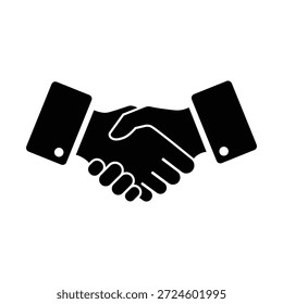 Um simples ícone preto representando duas mãos tremendo, simbolizando parceria e acordo, colocado sobre um fundo branco limpo para maior clareza