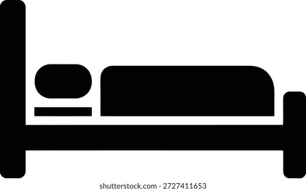 Un simple icono negro representa una cama con una cabecera, estribo, almohada y edredón contra un fondo blanco.