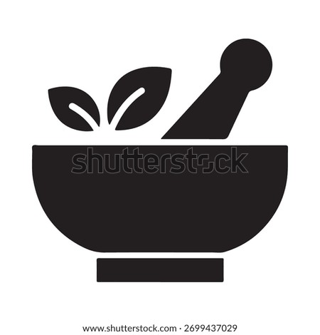 A simple black icon depicts a mortar and pestle with two leaves, symbolizing herbal medicine or natural remedies.
