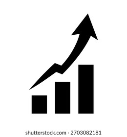 Un simple icono negro muestra un gráfico de barras con tres barras ascendentes. Una flecha curvada hacia arriba apunta sobre la barra más alta, simbolizando el crecimiento, el progreso y las tendencias positivas sobre un fondo blanco.