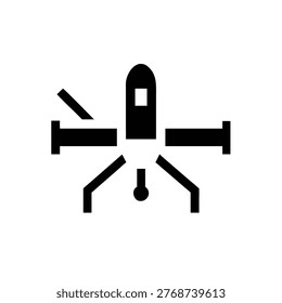 Simple black icon of a drone. Four rotors, central body, and landing gear.
