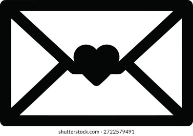 Un simple icono negro de un sobre con forma de corazón en el centro sobre un fondo blanco. Las líneas son atrevidas y limpias.