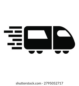 Simple black icon of a fast train with motion lines moving quickly to the right side icon
