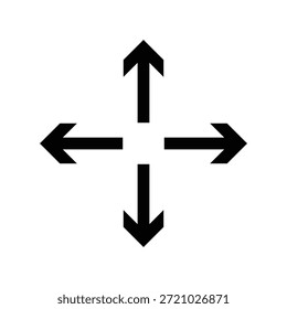 Einfaches schwarzes Symbol mit vier Pfeilen, die die Himmelsrichtungen für verschiedene digitale Schnittstellenfunktionen wie Bewegung, Navigation oder Erweiterung angeben.