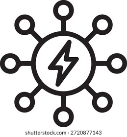 Icono negro simple con un símbolo de rayo rodeado de círculos conectados sobre un fondo blanco que representa energía y poder.