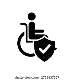 A simple black icon featuring a person in a wheelchair with a shield and checkmark, representing accessibility and safety, on a white background
