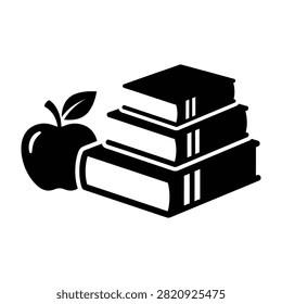 A simple black icon featuring a stack of three books next to a fresh apple. This symbol represents education, back to school, learning, knowledge, and healthy study.