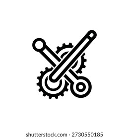 Einfaches schwarzes Symbol mit einem Schraubenschlüssel und Zahnrad, das mechanische Arbeit oder Reparatur symbolisiert.