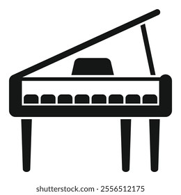 Simple black icon of a grand piano with the lid open, ready to be played