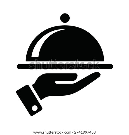 Simple black icon of a hand holding a covered food tray representing service and dining