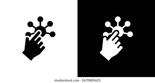 Icono negro simple de una mano que interactúa con un nodo de red. Aislado sobre fondos blancos y negros.