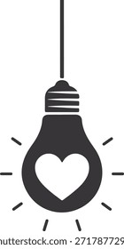 Icono negro simple de una bombilla colgante con una forma de corazón en el interior, que simboliza el amor, la pasión y las ideas creativas.