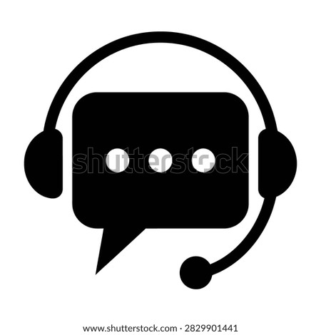 Simple black icon of a headset combined with a chat bubble containing three dots, symbolizing customer support, live chat, and communication services.