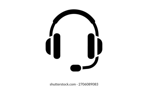 Un ícono simple y negro de un auricular con un micrófono, aislado sobre un fondo blanco, que representa la comunicación y la Asistencia.