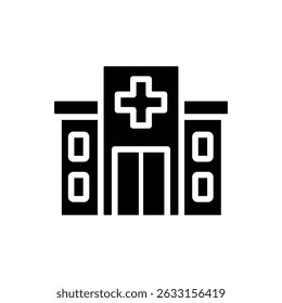 Simple black icon of a hospital building, representing healthcare and medical services.