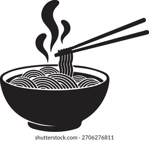Simples ícone preto de macarrão quente e pauzinhos.