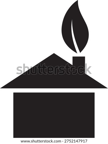Simple black icon of a house with a leaf-shaped plume of smoke emanating from its chimney symbolizing eco-friendly living