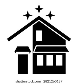 A simple black icon of a house with sparkles above the roof on a white background. Ideal for real estate, home services, and property listings websites.