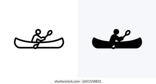 Simples ícone preto ilustra uma pessoa remo ativamente uma canoa com uma pá, apresentado contra um fundo limpo em ambos os contorno e estilos sólidos.