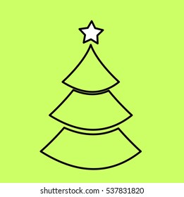 Simple black icon with the image of the contour of the Christmas tree on the green background. Fashion illustration in a flat style.