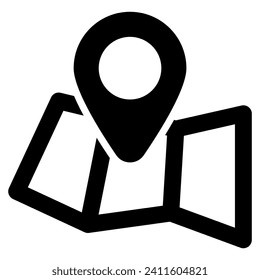 Simple, black icon of a location pin placed on a folded map.