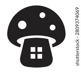 A simple black icon of a mushroom house with a window and spots on the cap, illustration