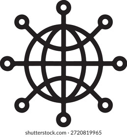 Einfaches schwarzes Symbol auf weißem Hintergrund, das das globale Netzwerk und die Konnektivität mit sich kreuzenden Linien und Kreisen darstellt, die die weltweite Kommunikation und moderne Technologie symbolisieren.