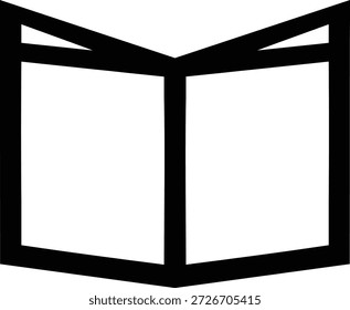 Ein einfaches schwarzes Symbol eines offenen Buches auf einfarbigem weißem Hintergrund, das Bildung, Lernen und Lesen repräsentiert.