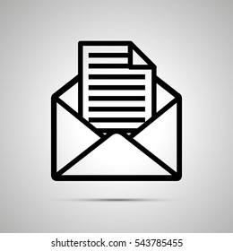 Simple black icon of open envelope with page of document with text inside, with shadow on light background