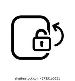 Simple black icon of a padlock with an arrow unlocking a square shape, symbolizing security and access.