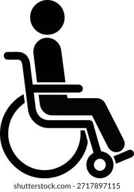 Un simple icono negro de una persona sentada en una silla de ruedas, que representa la accesibilidad y la asistencia para la movilidad.