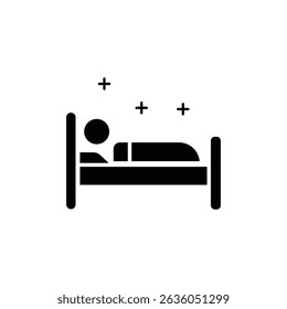Simples ícone preto de uma pessoa dormindo em uma cama, simbolizando descanso e relaxamento.