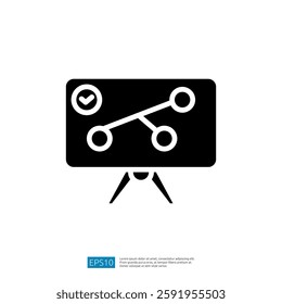 A simple black icon of a presentation board with a checkmark and a connected line graph, representing progress or strategy in a business or project context.