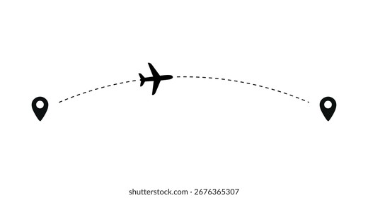 A simple black icon representing an airplane in mid-flight, tracing a dotted line path between two distinct location pins. This visual signifies travel, routes, and destinations.