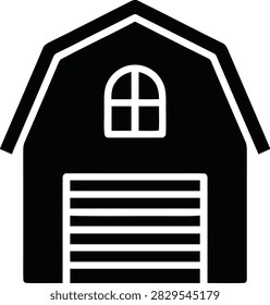 A simple black icon representing a barn building, featuring a gambrel roof, a small arched window, and a large garage-style door, isolated on white background.