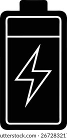 Ein einfaches schwarzes Symbol, das einen Akku darstellt. Die Batterieform ist weiß umrissen, und innen steht ein weißes Blitzsymbol für Leistung oder Energie. 