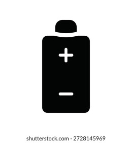 Ícone preto simples representando uma bateria com terminais positivos e negativos, simbolizando energia e armazenamento de energia