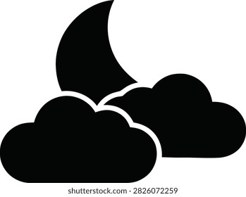 Simple black icon representing a cloudy night sky, featuring a crescent moon partially obscured by two fluffy clouds, isolated on white background.
