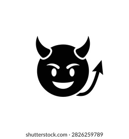 A simple black icon representing a devil emoji with sharp horns and a curved tail, conveying mischief or a playful evil.