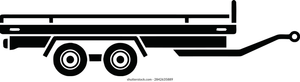 A simple black icon representing a double axle utility trailer, suitable for heavy-duty hauling and transportation, isolated on white background.