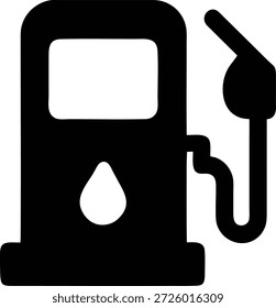 Um simples ícone preto que representa uma bomba de combustível de um posto de gasolina com um bocal e uma gota de combustível. Ideal para uso em apresentações, sites, aplicativos ou publicidade relacionada a transporte, energia e indústrias automotivas.