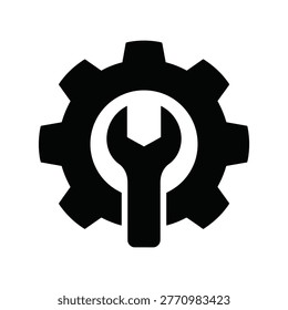 Simple black icon representing a gear and wrench symbolizing mechanics and tools