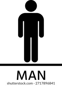 Um simples ícone preto representando um homem, em pé sobre uma linha com a palavra MAN escrito abaixo dele, sobre um fundo branco.