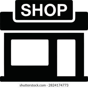 A simple black icon representing a shop. The icon features a storefront with a sign that says 
